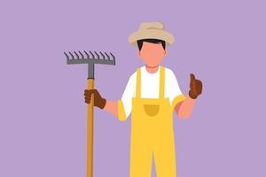 Graphic flat design drawing active male farmer holding rake with thumbs up gesture and wearing straw hat to working on the farm. Countryside or rural living people. Cartoon style vector illustration