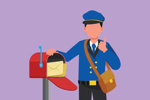 Graphic flat design drawing postman holding envelope on mail box with thumbs up gesture, wearing hat, bag, and uniform, working hard to delivery mail to home address. Cartoon style vector illustration