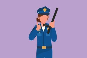 Cartoon flat style drawing attractive policewoman holding police baton with thumbs up gesture and in full uniform ready to enforce traffic discipline on the highway. Graphic design vector illustration