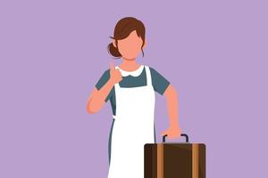 Cartoon flat style drawing maid in hotel holding suitcase with thumbs up gesture. Work deftly to clean and prepare sheet bed in hotel room with professional manner. Graphic design vector illustration