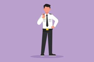 Graphic flat design drawing male flight attendant standing in uniform with thumbs up gesture prepare at airport for flying and serve passengers to their destination. Cartoon style vector illustration