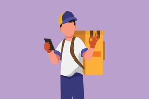 Character flat drawing deliveryman holding smartphone for finding address with okay gesture and carrying package box to be delivered to customer with best service. Cartoon design vector illustration