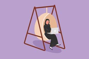 Cartoon flat style drawing Arab girl with laptop sitting on swinging chair or recliner chair. Freelance, distance learning education, online courses, woman studying. Graphic design vector illustration
