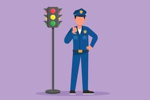 Graphic flat design drawing active policeman standing near traffic light with a thumbs up gesture and in full uniform works to control vehicle traffic on the highway. Cartoon style vector illustration