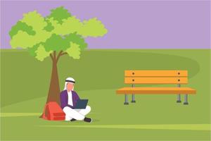 Cartoon flat style drawing Arab businessman sitting in park under a tree and working with laptop. Smart male student typing computer keyboard and studying outdoor. Graphic design vector illustration