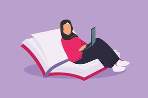 Cartoon flat style drawing young Arabian female with laptop sitting on open big book. Freelance, distance learning, online courses, education, knowledge, studying. Graphic design vector illustration