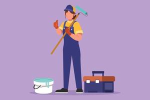 Graphic flat design drawing handywoman standing holding long roll paintbrush with thumbs up gesture and toolbox. Ready to home service, housing renovation decoration. Cartoon style vector illustration