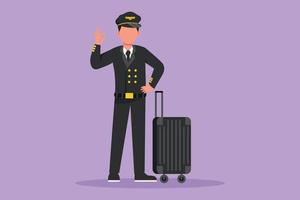 Cartoon flat style drawing of pilot standing with okay gesture and complete uniform, ready to riding or flying airplane for bringing passengers to their destination. Graphic design vector illustration