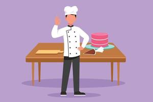 Cartoon flat style drawing skilled chef stands with okay gesture and cooking uniform prepares the ingredients to cook the best dishes. Male chef with table and cake. Graphic design vector illustration