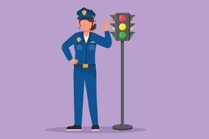 Cartoon flat style drawing beautiful policewoman standing near traffic light with okay gesture and in full uniform works to control vehicle traffic on the highway. Graphic design vector illustration