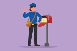 Graphic flat design drawing of postwoman standing near mailbox with okay gesture standing in hat, bag, uniform, holding an envelope. Delivering mail to home address. Cartoon style vector illustration
