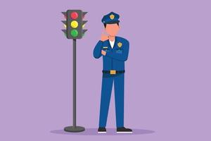 Graphic flat design drawing attractive policeman standing near traffic light in full uniform with call me gesture and working to control vehicle traffic on highway. Cartoon style vector illustration