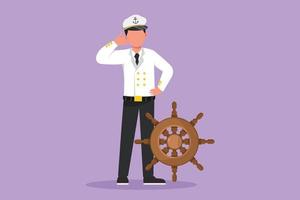 Character flat drawing sailor man standing with call me gesture to be part of cruise ship, carrying passengers traveling across seas. Male sailor on duty in ocean. Cartoon design vector illustration