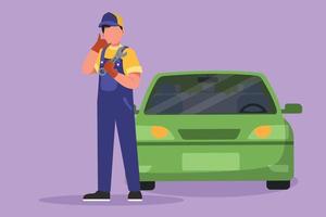 Cartoon flat style drawing male mechanic standing in front of car with call me gesture and holding wrench to perform maintenance on vehicle engine or transportation. Graphic design vector illustration