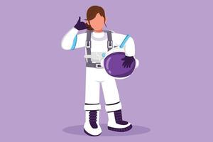 Graphic flat design drawing female astronaut standing with call me gesture wearing spacesuit exploring earth, moon, other planets in universe, start space expedition. Cartoon style vector illustration