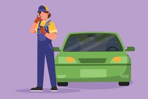 Graphic flat design drawing female mechanic stands in front of car with call me gesture and holding wrench to perform maintenance on vehicle engine or transportation. Cartoon style vector illustration