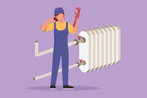 Cartoon flat style drawing of female plumber standing with call me gesture and holding carpentry tool ready to work fixing broken plumbing at home. Success business. Graphic design vector illustration