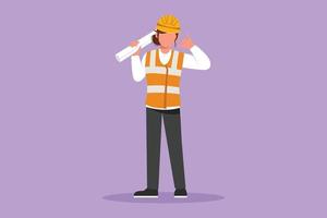 Graphic flat design drawing female architect standing holding roll of paper work with call me gesture and wearing helmet carrying blueprint for building's work plan. Cartoon style vector illustration