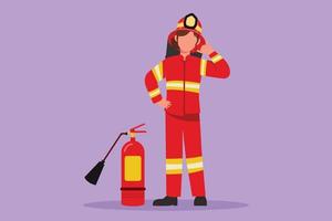 Character flat drawing female firefighter standing with fire extinguisher wear helmet and uniform with call me gesture. Working to extinguish fire in burn building. Cartoon design vector illustration
