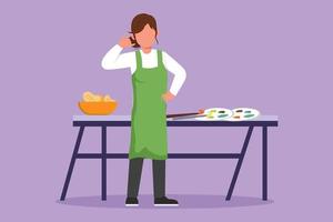 Character flat drawing female painter standing with call me gesture near table, painting tools to produce artwork on canvas in workshop studio. Creative work or job. Cartoon design vector illustration