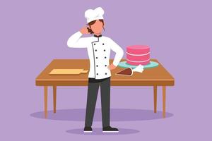 Graphic flat design drawing skilled chef standing with call me gesture, cooking uniform prepare ingredient to cook best dishes. Female chef with sweet cake on table. Cartoon style vector illustration