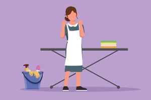 Character flat drawing of maid in hotel standing in front of ironing board and clean equipment with celebrate gesture. Female worker working with great hospitality. Cartoon design vector illustration