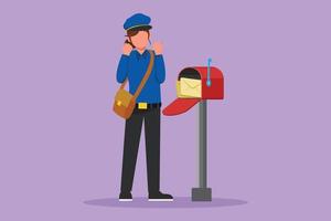 Cartoon flat style drawing cute postwoman with celebrate gesture standing in hat, bag, uniform, holding an envelope. Working hard to delivering mail to home address. Graphic design vector illustration