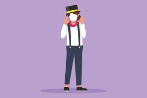 Graphic flat design drawing female mime artist standing with celebrate gesture, white make up face makes audience laugh with silent comedy. Entertainer worker on job. Cartoon style vector illustration