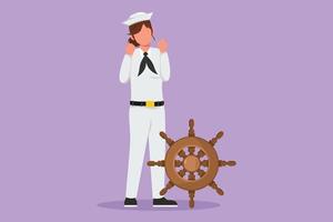 Character flat drawing of sailor woman standing with celebrate gesture to be part of cruise ship, carrying passengers traveling across seas. Sailor on duty in ocean. Cartoon design vector illustration