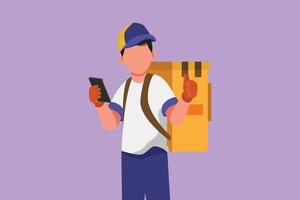 Character flat drawing deliveryman holding smartphone for finding address with thumbs up gesture, carrying package box to be delivered to customer with best service. Cartoon design vector illustration