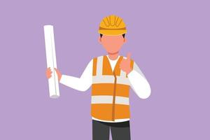 Character flat drawing male architect wearing vest and helmet with thumbs up gesture, carrying blueprint paper for the building work plan. Builder on work at site. Cartoon design vector illustration