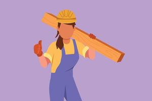 Character flat drawing female carpenter carrying wooden board with thumbs up gesture and working in workshop making wooden products. Skills in using carpentry tool. Cartoon design vector illustration