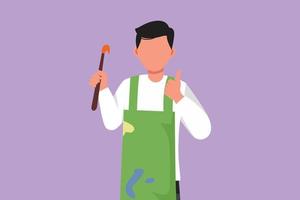 Character flat drawing painter artist holding paintbrush with thumbs up gesture, using painting tools such as brushes, canvas, and watercolors, produce creative art. Cartoon design vector illustration