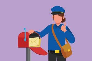 Cartoon flat style drawing postwoman holding envelope on mail box with thumbs up gesture, wearing hat, bag, uniform, working hard to delivery mail to home address. Graphic design vector illustration