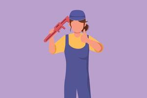 Graphic flat design drawing female plumber holding wrench and wear helmet with thumbs up gesture, ready to work on repairing leaking drain in sink and houses drains. Cartoon style vector illustration