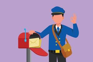 Character flat drawing attractive postman holding envelope on mail box with okay gesture, wearing hat, bag, uniform, working hard to delivery mail to home address. Cartoon design vector illustration