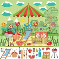 Summer picnic in the meadow with mountain views vector