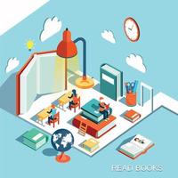 The concept of learning, read books in the library, isometric flat design vector