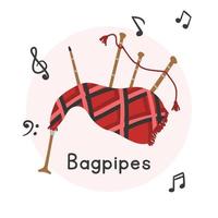 Bagpipes clipart cartoon style. Simple cute red bagpipes Middle Eastern woodwind instrument flat vector illustration. Wind musical instrument bagpipe hand drawn doodle style. Bagpipes vector design