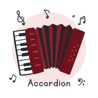 Accordion clipart cartoon style. Simple cute red accordion flat vector illustration. Keyboard musical instrument classical bayan hand drawn doodle style. Hand-held accordion vector design