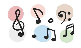 conjunto vectorial de notaciones musicales con múltiples puntos decorativos en el fondo. clave de sol, clave de fa, corchea, corchea, semicorchea símbolos musicales vector dibujos animados estilo dibujado a mano