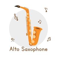 Alto saxophone clipart cartoon style. Simple cute golden saxophone brass musical instrument flat vector illustration. Brass instruments hand drawn doodle style. Wind instrument saxophone vector design