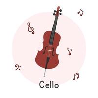 Cello clipart cartoon style. Simple cute brown cello string instrument flat vector illustration. Stringed instruments hand drawn doodle style. Cello vector design