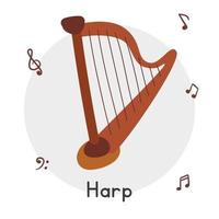 Harp clipart cartoon style. Simple cute brown harp string musical instrument flat vector illustration. Ancient Egyptian stringed instrument harp hand drawn doodle style. Wooden harp vector design