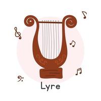 Lyre clipart cartoon style. Simple cute Greek lyre string musical instrument flat vector illustration. Stringed instrument sitar hand drawn doodle style. Wooden lyre vector design