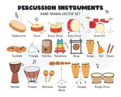 conjunto de vectores de instrumentos de percusión. pandereta linda simple, tambores, platillos, conga, bongo, maracas, triángulos, gong, familia de percusión kalimba instrumento musical clipart estilo de dibujos animados, garabato dibujado a mano