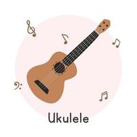 Ukulele clipart cartoon style. Simple cute ukulele string instrument flat vector illustration. String instrument small guitar hand drawn doodle style. Brown ukulele vector design