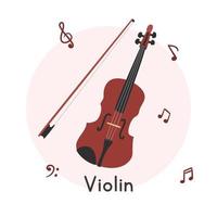 Violin with bow clipart cartoon style. Simple cute brown violin string instrument flat vector illustration. Stringed instruments hand drawn doodle style. Violin vector design