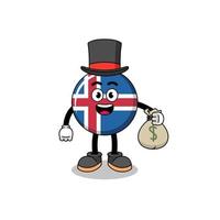 ilustración de la mascota de la bandera de islandia hombre rico que sostiene un saco de dinero vector