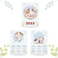 calendar 2023 with cute animals illustration watercolor style vector